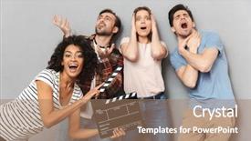  Presentation with film - Amazing presentation design having background holding film making clapperboard backdrop and a coral colored foreground