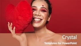 Presentation with beauty makeup - Amazing PPT layouts having beauty portrait of an attractive young woman wearing makeup standing isolated over red background holding heart shaped pillow backdrop and a coral colored foreground