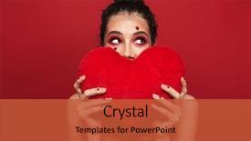  Presentation with beauty makeup - Slide set consisting of beauty portrait of an attractive young woman wearing makeup standing isolated over red background holding heart shaped pillow background and a red colored foreground