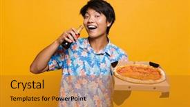  Presentation with happy image - PPT layouts featuring background holding pizza drinking soda background and a gold colored foreground
