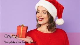  Presentation with portrait of excited overjoyed female - Colorful PPT theme enhanced with background holding surprise gift box backdrop and a  colored foreground