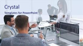  Presentation with workplace - Theme consisting of background image of business team background and a sky blue colored foreground