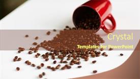  Presentation with spilling - Beautiful slide set featuring background image seeds of rich freshly roasted coffee spilling out of tipped red cup to white table backdrop and a tawny brown colored foreground