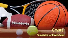  Presentation with assorted sports equipment including - Amazing PPT theme having tennis basketball baseball american fotball backdrop and a tawny brown colored foreground