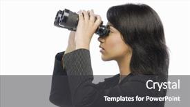  Presentation with leading through motivation - Colorful slides enhanced with background investigation employee - businesswoman looking through binoculars backdrop and a dark gray colored foreground