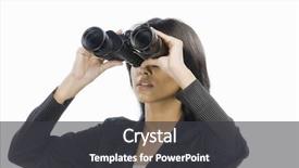  Presentation with binoculars at a lookout point - PPT theme enhanced with background investigation employee - businesswoman looking through binoculars background and a dark gray colored foreground