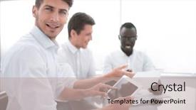  Presentation with using digital tablet - Theme with background investigation employee - close up businessman using digital background and a mint green colored foreground