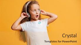  Presentation with naughty girl is standing - Slide set consisting of background looking aside listening music background and a yellow colored foreground