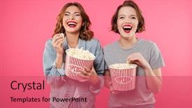  Presentation with camera film - Slides featuring background looking camera eating popcorn background and a coral colored foreground