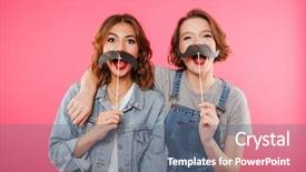  Presentation with two black women - Beautiful presentation theme featuring background looking camera holding fake backdrop and a ocean colored foreground