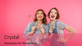  Presentation with women - PPT theme with background looking camera holding fake background and a coral colored foreground