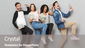  Presentation with winner - PPT theme with background looking camera holding money background and a gray colored foreground