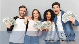  Presentation with summer camp group of diverse - Colorful slide set enhanced with background looking camera holding money backdrop and a seafoam green colored foreground