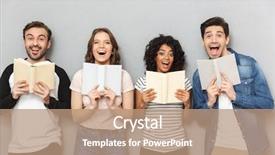  Presentation with happy image - Slide set featuring background looking camera reading book background and a coral colored foreground