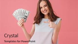  Presentation with pink - Presentation theme featuring background looking camera showing money background and a coral colored foreground