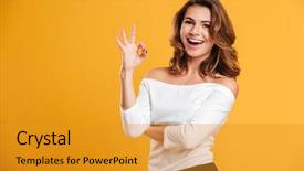  Presentation with happy image - Cool new slide set with background looking camera showing okay backdrop and a gold colored foreground