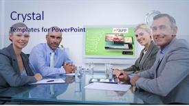  Presentation with mobile application - Beautiful slide deck featuring background meeting slide - business team looking at white backdrop and a sky blue colored foreground