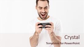  Presentation with mobile games - Cool new slide deck with handsome cheerful man wearing blank t-shirt standing isolated over white background playing games on mobile phone backdrop and a lemonade colored foreground