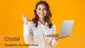  Presentation with cheerful - Presentation design consisting of background pointing up holding laptop background and a gold colored foreground
