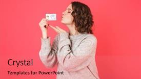  Presentation with business woman standing on maze - PPT theme featuring background presenting plastic credit card background and a coral colored foreground