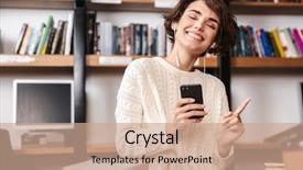  Presentation with student - Beautiful presentation theme featuring while sitting at the library backdrop and a coral colored foreground