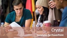  Presentation with task - Cool new theme with team group of students exchanging backdrop and a coral colored foreground