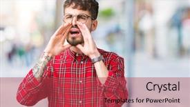  Presentation with elegant man in glasses optics - Audience pleasing PPT layouts consisting of background shouting angry out loud backdrop and a  colored foreground