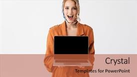  Presentation with portrait of excited overjoyed female - Colorful presentation design enhanced with background showing display laptop computer backdrop and a red colored foreground