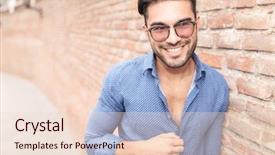  Presentation with brick wall - Audience pleasing slide set consisting of background un - happy youn man with glasses backdrop and a  colored foreground