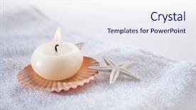  Presentation with shells - Audience pleasing theme consisting of background un - lit-up candle with natural shells backdrop and a sky blue colored foreground