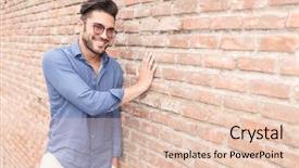  Presentation with gold man smile - Amazing presentation design having background un - smiling casual man touching brick backdrop and a  colored foreground