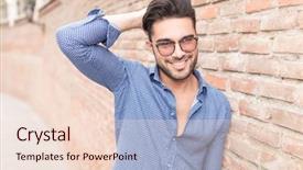  Presentation with brick wall - Beautiful presentation theme featuring background un - smiling casual man with hand backdrop and a  colored foreground