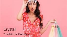  Presentation with lady - Colorful slides enhanced with background wall holding shopping bag backdrop and a  colored foreground