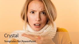  Presentation with woman sad - PPT theme with background wearing scarf holding pills background and a coral colored foreground