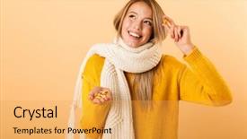  Presentation with happy image - Audience pleasing PPT theme consisting of background wearing scarf holding pills backdrop and a  colored foreground