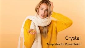  Presentation with sad woman - Slide set featuring background wearing scarf holding pills background and a  colored foreground