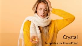  Presentation with sad woman - Cool new slide deck with background wearing scarf holding pills backdrop and a  colored foreground