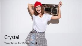  Presentation with tape recorder - Audience pleasing PPT theme consisting of background while holding tape recorder backdrop and a light gray colored foreground