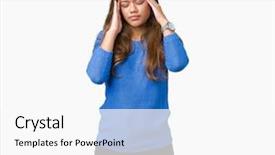  Presentation with young woman wearing boxer gloves - Beautiful PPT theme featuring background with hand on head backdrop and a  colored foreground