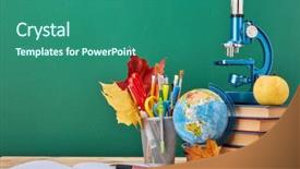  Presentation with green office - PPT theme with background with stationery accessories book background and a ocean colored foreground