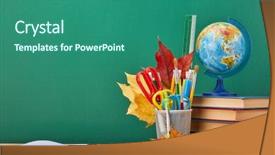  Presentation with green office - PPT theme with background with stationery accessories books background and a ocean colored foreground