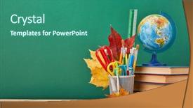  Presentation with green office - Presentation having background with stationery accessories books background and a ocean colored foreground