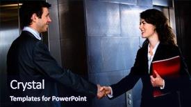  Presentation with elevator - Theme featuring happy young businesspeople - businessman and businesswoman - shaking hands at office corridor in front of elevator smiling background and a wine colored foreground