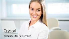  Presentation with office - Theme with happy employee front laptop - portrait of a smiling young background and a white colored foreground