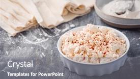  Presentation with cheese pie - Presentation design enhanced with backing-preparation-of-savory-pie background and a gray colored foreground