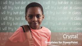  Presentation with punishment - Presentation theme consisting of backpack and books against greenboard background and a coral colored foreground