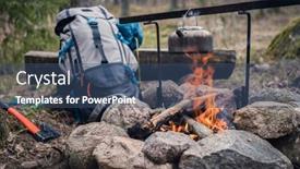  Presentation with campfire - Amazing presentation theme having backpack-and-metal-kettle backdrop and a ocean colored foreground
