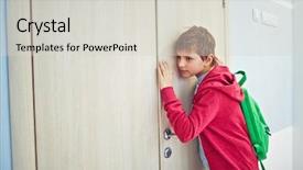  Presentation with backpack - Slides with backpack eavesdropping by classroom door background and a  colored foreground