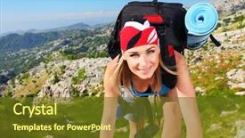  Presentation with hiking - Theme having backpack hiking in the mountains background and a tawny brown colored foreground