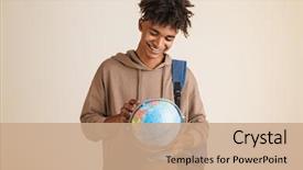  Presentation with green earth world globe map - Cool new theme with backpack isolated holding earth globe backdrop and a coral colored foreground